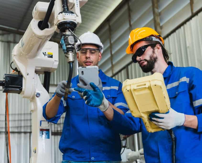 Trabajando en una planta industrial, programando un brazo robótico.